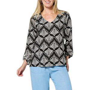 G by Giuliana Women's Printed Woven Top w/ Rolled Up Sleeves Black - Regular